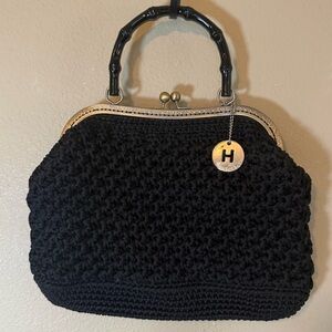 Handmade Black Crochet Kiss Lock Frame Bag with Bamboo Handle